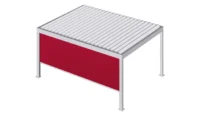 Moderne Pergola mit roter Seitenwand und Lamellendach